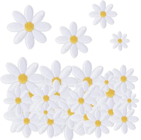 40PCS Daisy Flower Iron on Patches – 4 Sizes White Daisy Embroidery Sew on Patches for Clothing Repair – Iron on Flowers for Clothes, Bags, Hats – Embroidered Applique Patch for DIY Crafts