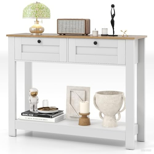 LIFEZEAL Mesa Consola Blanca de Madera, Mesa de Entrada con 2 Estantes, con 2 Cajones, Antivuelco, Moderna, Pasillo, Entrada, Salón, Detrás del Sofá, Máx. 80 kg, 106 x 30 x 81,5 cm