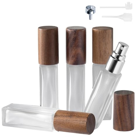 Cryslora Perfume Atomizer, Glass Perfume Container,Travel Bottle Refillable, Empty Portable Leakproof Frangrance Spray Bottle (Walnut 5pcs 10ml/0.3oz)