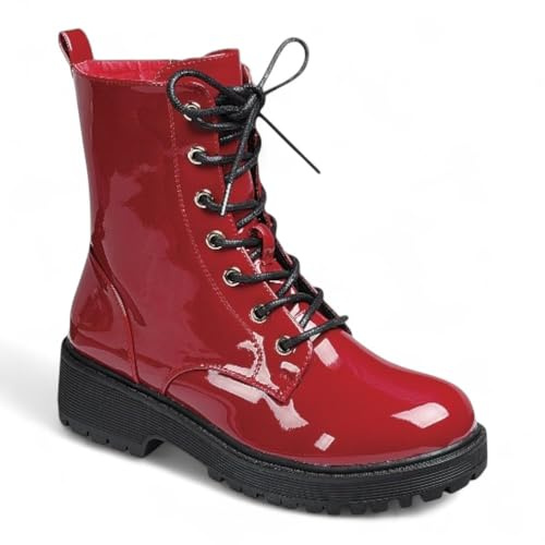 Forever Link Womens Combat Ankle Boots Lace-up Short Booties with Lug Sole and Side Zipper Chief-88 Red Patent 9