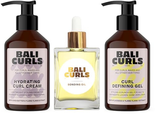 Bali Curls Set – Gel Defining Curl (150 ml), Crema Idratante Curl (150 ml) e olio di fissaggio (30 ml) – Kit di cura per ricci definiti, luminosi e ben curati