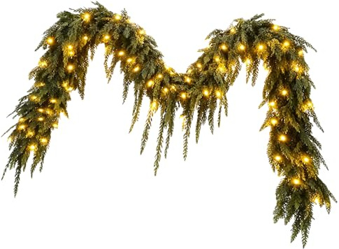 Garland | Konstgjord Grönska Med 90 LED-lampor | 1,8 Meters skrans Med Realistisk Känsla | För Inomhus Vardagsrum Sovrum Fönster s Fest Och Trädgård