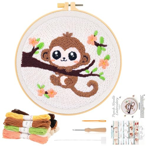JSRQT Ricamo Starter Kit per Aghi da Punzonatura con Motivo a Scimmietta,Punch Needle Starter Kit con Penna a Punzone per Principianti