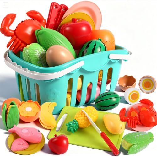 Play Food Sets for Kids Kitchen, 38 Pcs Pretend Food with Storage Basket,Plastic Food Cutting Toys, Play Kitchen Accessories for Toddlers, Educational Pretend Play Toys,Toddler Boys Girls Gifts
