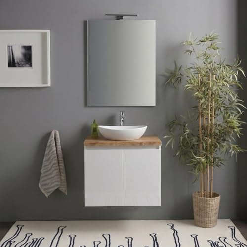 Kiamami Valentina - Mobile Bagno Sospeso 60 cm Bianco Lucido con Top Rovere Naturale, Specchio con Luce, 2 Ante, Set Completo