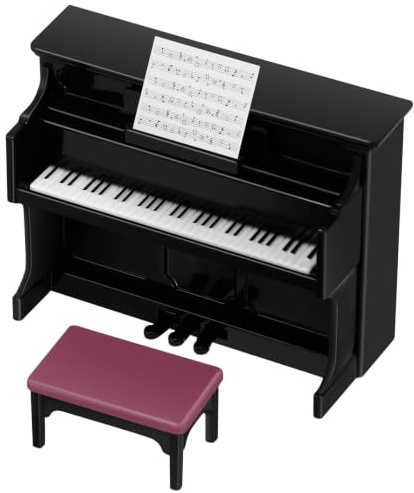 DEEPCRAFF Mini Upright Piano And Stool Set, Miniature Dollhouse Furniture Accessory for Home Decor And Scene Props, Black Plastic
