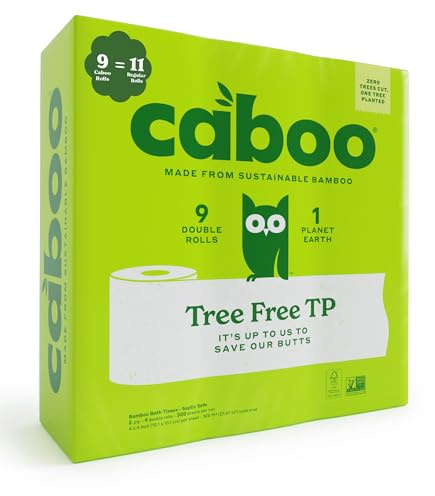 Caboo Tree Free Bamboo Toilet Paper, Plastic Free, Eco Friendly, Septic Safe, Biodegradable Bath Tissue with Soft, Quick Dissolving 2 Ply Sheets (300 Sheets Per Roll, 9 Double Rolls), White