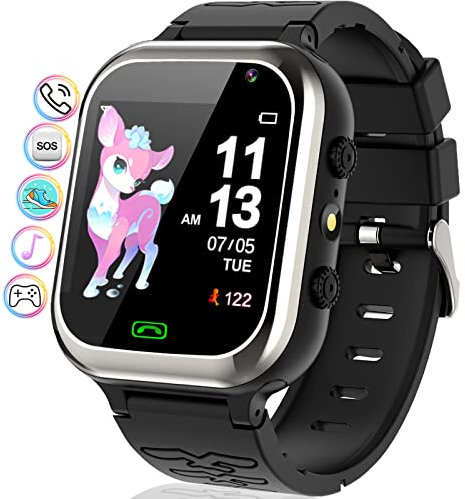 Montre Connectée Enfant - Montre Intelligente avec Téléphone SOS Pedometer 11Jeux Réveil Musique Caméra Lampe de Poche, Smartwatch Cadeaux Garçons et Filles de 4-12 Ans (Black)