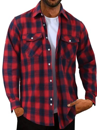 Halfword Camisas Casual Franela Hombre Camisa de Cuadros Manga Larga Algodón Holgado Bolsillos