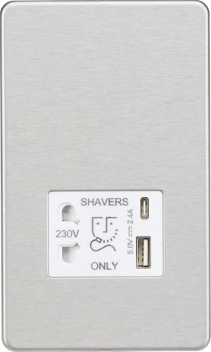 Knightsbridge Screwless Shaver socket with dual USB A+C (5V DC 2.4A shared) - brushed chrome with white insert