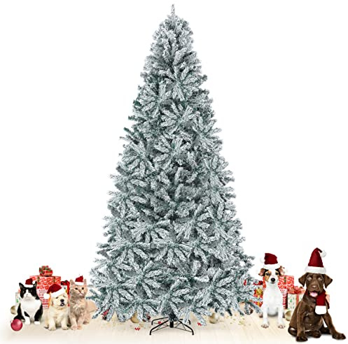 Fencer Wire 9 Feet Premium Pre-Hinged Snow Flocked North Valley Spruce Full Artificial Frosted White Fake Christmas Tree, 2,094 Branch Tip, Metal Stand, Indoor, Office, Party, Holiday Decoration