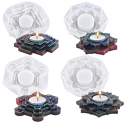 Woohome 4 PCS Tealight Candle Holder Resin Molds, Flower Candlestick Epoxy Casting Silicone Molds for DIY Jewelry Box, Candy Box Home Table Decoration