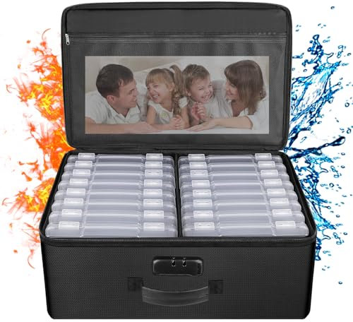 ENGPOW Fireproof Photo Storage Box 5 x 7 Photo Case(Clear),16 Inner Photo Keeper Organizer with Lock, Collapsible Portable Acid-Free Photo Storage Container with Handle for Picture, Valuables