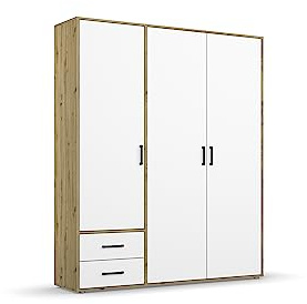 Rauch Möbel Voyager, Kleiderschrank für Schlafzimmer, Kinderzimmer, Babyzimmer, Jugendzimmer, Flur, 3-türig, 2 Schubladen, mit Zubehör Basic, Farbe Weiß/Eiche Artisan, Breite 140cm