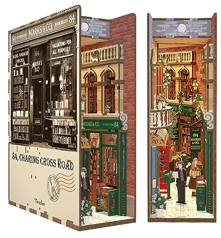 Tonecheer DIY Book Nook Kit, 3D-Pussel Trä Dockhus Miniatyrbyggnad Modellbyggnad Vuxen, Kreativ Bokhylla Dekoration med LED-ljus (84 Charing Cross Road)