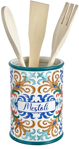 Baroni Home Portamestoli Decorato in Ceramica con Mestoli Inclusi, Accessorio da Cucina Colorato Resistente, Linea Capri, 11x11x25 cm
