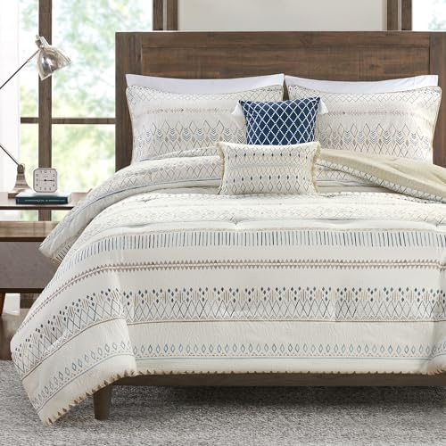 Madison Park Set di biancheria da letto matrimoniale, double-face, design in seersucker, per tutte le stagioni, in morbida microfibra, per letto matrimoniale, colore: tortora/blu, 5 pezzi