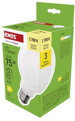 EMOS LED-lampa Edison G95, 7,8 W ersättning för 75 W glödlampa, mjölkglödlampa, glob med E27-sockel och ljusstyrka 1055 lm, varmvit 2700 K, 25 000 timmars livslängd, CRI > 80, 360° strålvinkel
