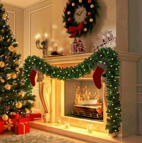 5M/16.4FT Christmas Garlands with Lights, Artificial Greeny Garland Decoration Christmas Garlands Wreath for Fireplace Stairs Wall Door Xmas Tree Garden Yard Holiday Decor
