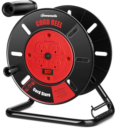 DEWENWILS Extension Cord Storage Reel with 4-Grounded Outlets, Heavy Duty Open Cord Reel for 12/3,14/3,16/3 Gauge Power Cord, Hand Wind Retractable, 15A Circuit Breaker, Rocker Power Switch