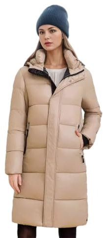 Women's Long Jacket Thicken Warm Hooded Zipper Cotton Jacket solid Color Padded Jacket Khaki S