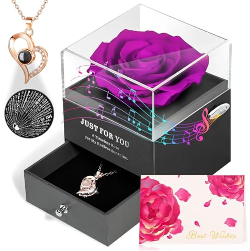 ADDWel Regalos Originales para Mujeres, Rosa Eterna Natural Preservada con Collar en Caja de Música, Regalo Aniversario Mujer, Regalos para Novia o Mama Rosas Preservadas para Cumpleaños San Valentin