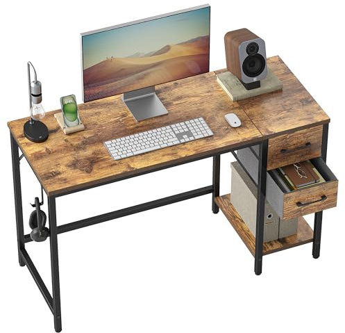 Cubiker Schreibtisch 120×50×75cm, Computertisch, PC-Tisch, Bürotisch, mit 2 Schubladen auf der rechten oder linken Seite, fürs Büro, Wohnzimmer, Stahlgestell, Industrie-Design, Vintagebraun