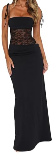 WERNZATT Ensemble de jupe Y2K en dentelle transparente patchwork avec bretelles nouées sans manches pour femme, Noir , M