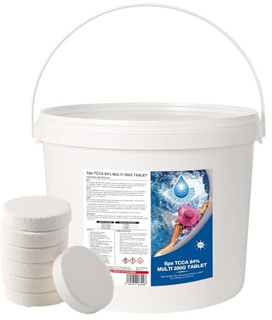 5 Kg Multifunctional Chlorine Tablets 25 x 200g Slow Release 4 in 1 Sanitiser Stabiliser Algaecide and Clarifier Large Dispenser Tablets for Hot Tubs, Swimming Pools, Spas and Paddling Water Cleaning