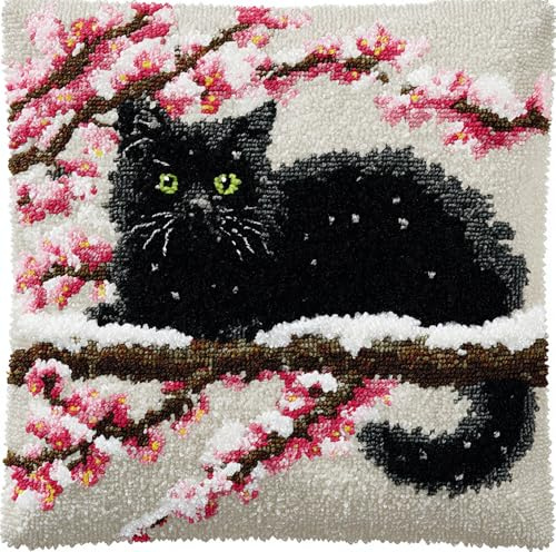 kitphoenix Kit Fai Da Te Con Chiusura A Gancio, Ramo Di Fiori Di Prugno Di Gatto Nero Federa Per Cuscino Da Divano, Kit Per Lavori Artigianali, Ricamo, Tappeto, Cucito, Federa Per Cuscino 43 X 43 Cm