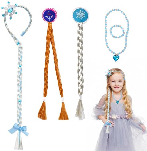 Dulynva Set di 5 Treccia Finta Capelli Bambini Principessa Parrucche Rapunzel Principessa Cerchi Per Capelli con Gioielli Bambina Intrecciata lunghe Trecce per Elsa Frozen Bambina Costume Cosplay