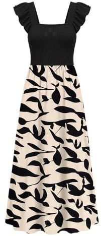 AUSELILY Women's Summer Sleeveless Maxi Dress Apricot Black Leaves M