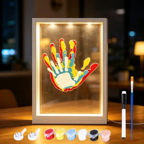 Kit de Huellas Familiares, Kit DIY de Huellas de Bebé con Luz Nocturna LED y Pigmentos, Kit de Manualidades con Marco de Madera para Parejas, Ideas de Regalos Personalizados(Blanco)