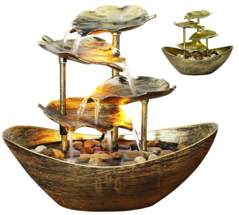 Fuente Agua Decorativa, Fuente de Mesa con Cascada de Hoja de Loto en Lingotes, Fuentes Decorativas de Agua Interior con Iluminación LED para la Decoración del Hogar Oficina Jardín Salón