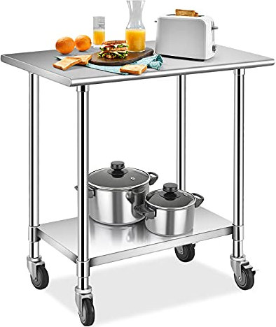 RELAX4LIFE Arbeitstisch Edelstahl, Küchenwagen mit höhenverstellbarer Ablage, bis 250kg belastbar, Zubereitungstisch mit 4 Universalrädern, Werkbank für Küche & Gasthaus & Esssaal, 91,5 x 61 x 88,5 cm