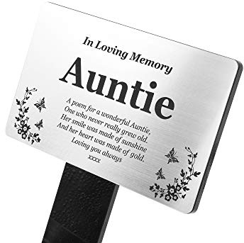 Bereavement Gifts. AUNTIE Memorial Plaques With Custom Text, Gardens Ground Stake Or Grave Ornaments - Acrylic, Waterproof and Hard Wearing. Shipped Globally. (Silver Auntie)