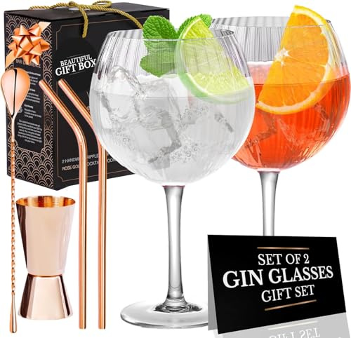Vemacity Ribbed Gin Glasses Set of 2 (550ml) | Crystal Balloon Gin & Tonic Glasses with Rose Gold Jigger, Spoon & 2 Metal Straws | Luxury Cocktail & Aperol Spritz Glass Gift Set | Ideal for Gifting