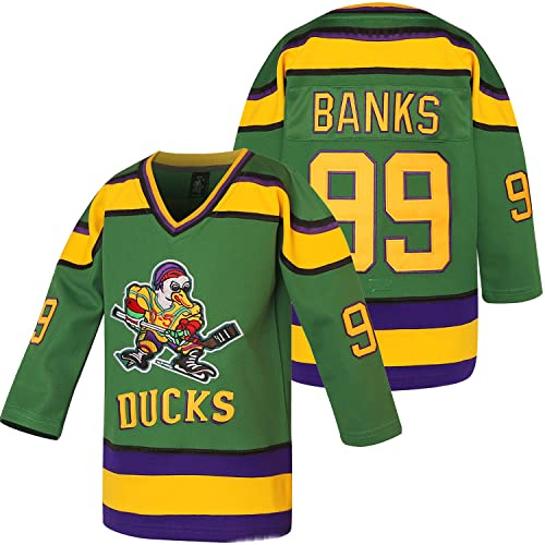 Youth Mighty Ducks Jersey Charlie Conway #96 Adam Banks #99 Movie Ice Hockey Jersey for Kids (Large, 99-Green)