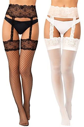 Geyoga 2 Pairs Women Suspender Tights Fishnet Lace Patterned Garter Stockings Thigh High Floral Garter Tights for Women Girls(White)