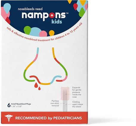Nampons Barn näsblod stoppare – 6 lättanvända näs-luftningsstoppare proppar kit för barn. Betrodd av barnläkare. Hypoallergeniskt koaguleringsmedel stoppar näsblod snabbt vid kontakt. Säker och