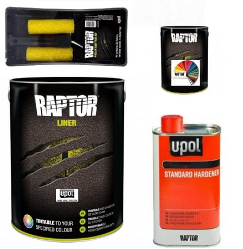 Raptor Liner Lack, alle RAL Farben. 1,1 L (0,75+0,25+0,1) Gebinden + Rollen Set. 2K Fahrzeug & Transportflächen Beschichtung. Upol. (RAL 6003 Olivgrün)