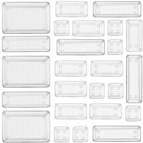 Collazoey 25 Organizer per cassetti trasparente con scatola,4 dimensioni Organizzatore per toeletta, organizer trasparente antiscivolo per trucchi per bagno, cosmetici, toeletta, cucina, ufficio