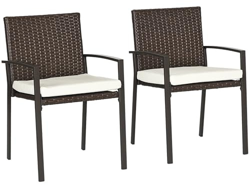 Outsunny 2 Piece PE Rattan Outdoor Dining Chairs with Cushion, Patio Wicker Dining Chair Set with Backrest, Armrests for Patio, Deck, Garden, Cream White