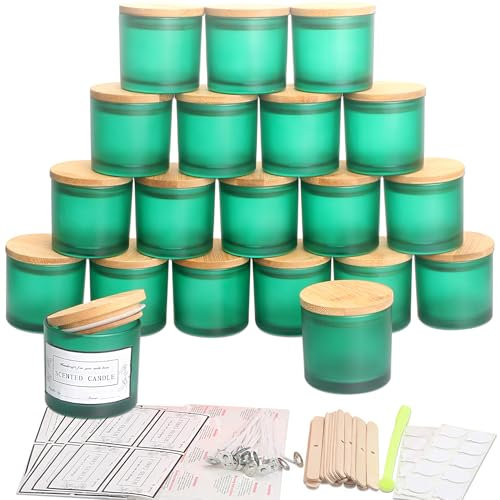 MILIVIXAY Confezione da 20 barattoli per candele in vetro verde opaco da 113,4 g, con coperchio e kit per la creazione di candele, piccoli barattoli vuoti per candele – contenitori per spezie e