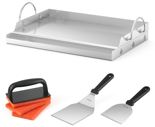 Onlyfire Plancha Plaque de cuisson avec Spatules, BBQ Plancha avec Poignée Amovible en Acier Inoxydable pour barbecues à gaz et Charbon de Bois, Universelle, Rectangulaire, 50x32x7cm