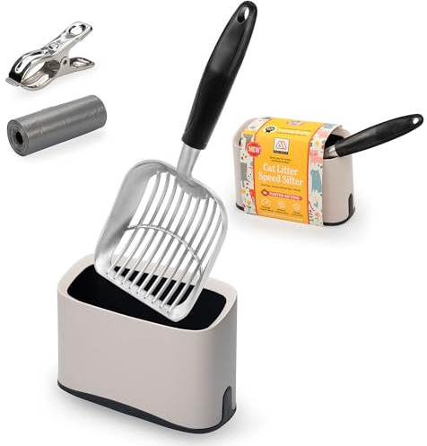 Heavy Duty Full Metal Cat Litter Scoop with Holder - Speed Sifter Litter Box Scooper Captures All Clumps - Kitty Litter Sifting Shovel Comfy Handle - Cat Scooper Includes Litter Bags & Non-Slide Clip