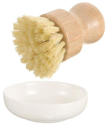 HOLIDYOYO Kitchen Cleaning Brush Set Bamboo Palm Scrub Brush and Ceramic Drain Dish Base, Pot and Pan Dish Scrubber for Multi-use Kitchen Cleaning