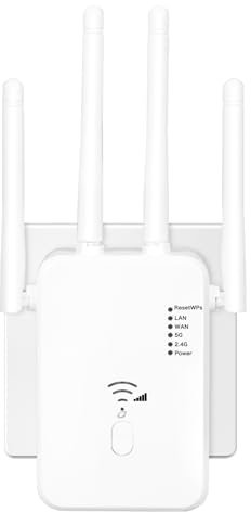 Qwdqwd WLAN Repeater 1200 Mbit/s, WiFi Repeater DualBand WiFi Booster mit 4 externen Antennen, LAN/WAN Port, Kompatibel mit allen WLAN Geräten (Weiß)