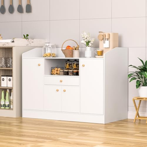 Awjaisca Modern Farmhouse Kitchen Cabinet, Freestanding Pantry with Drawers and Open Shelf, White and Wood Grain Buffet Sideboard, Multipurpose Storage Cabinet for Dining Room, Living Room, and Hallw