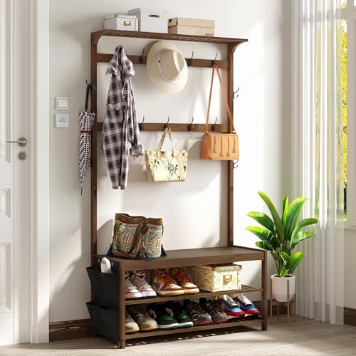 AMBIRD Coat Rack Bamboo Hall Tree Entryway Shoe Bench and Shelves, 6-in-1 Coat Stand with Storage Cloth Bags with 14 Coat Hooks, Large Dimensions Brown, 100x40x180